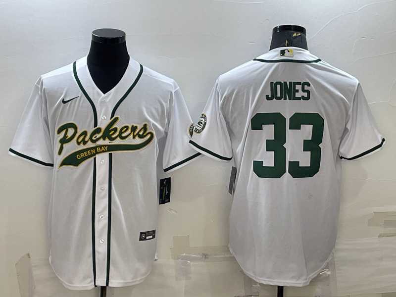 Men%27s Green Bay Packers #33 Aaron Jones White With Patch Cool Base Stitched Baseball Jersey